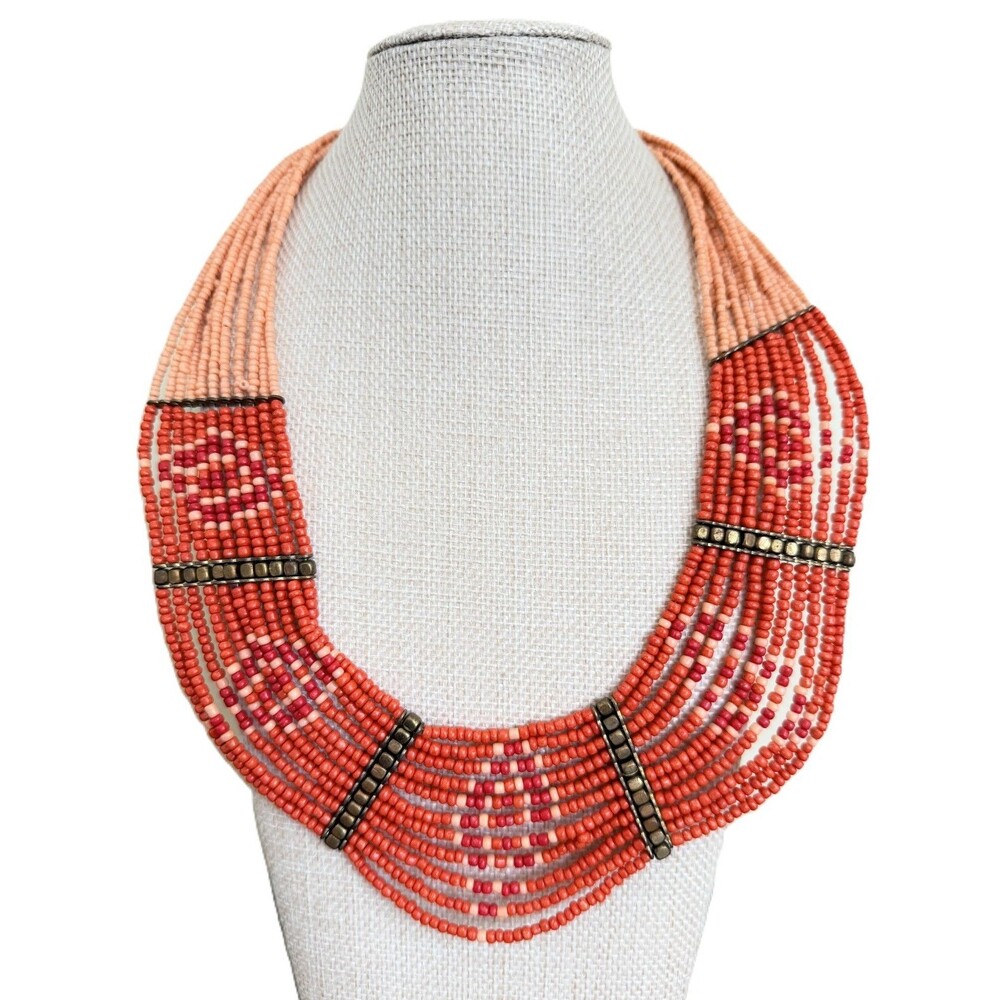 Multi Strand Seed Bead Statement Necklace Coral Orange Peach Tribal Native Desc